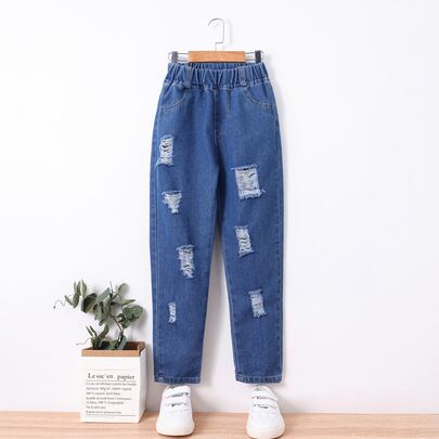 Girls Elastic Waist Ripped Jeans