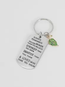 Slogan Detail Geometric & Leaf Charm Keychain - Silver - View 1