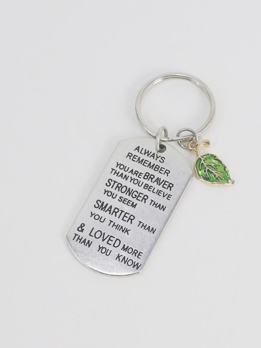 Slogan Detail Geometric & Leaf Charm Keychain - Silver - View 1