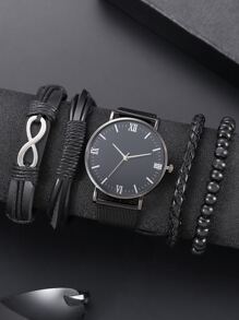 1 pakje heren mesh band rond pointer quartz horloge en 4-delige armband |  SHEIN Nederland