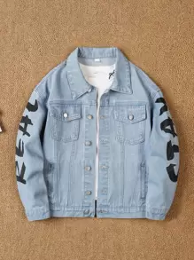 Boys Letter Graphic Flap Pocket Denim Jacket Without Tee - Medium Wash - View 1