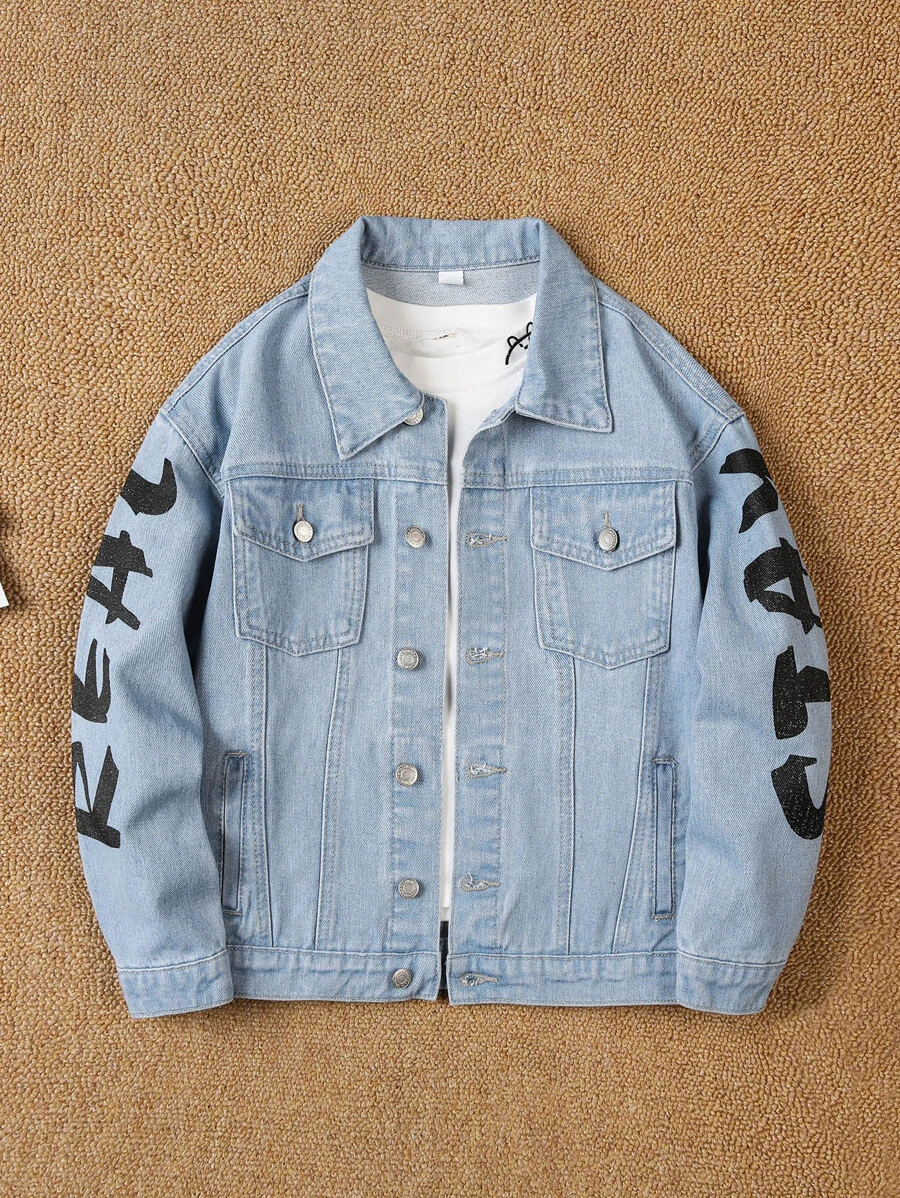 Boys Letter Graphic Flap Pocket Denim Jacket Without Tee - Medium Wash - View 1