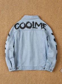 Boys Letter Graphic Flap Pocket Denim Jacket Without Tee - Medium Wash - View 2