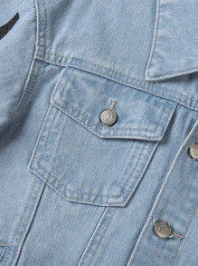 Boys Letter Graphic Flap Pocket Denim Jacket Without Tee - Medium Wash - View 3