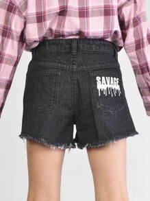 女孩字母圖案毛邊緣牛仔短褲 - 黑色 - 查看 1