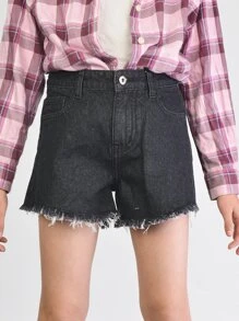 女孩字母圖案毛邊緣牛仔短褲 - 黑色 - 查看 2