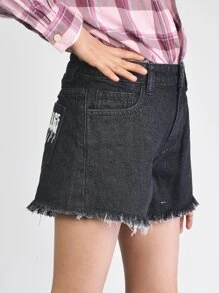 女孩字母圖案毛邊緣牛仔短褲 - 黑色 - 查看 3