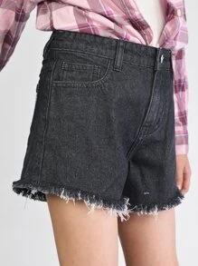 女孩字母圖案毛邊緣牛仔短褲 - 黑色 - 查看 4