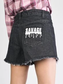 女孩字母圖案毛邊緣牛仔短褲 - 黑色 - 查看 5