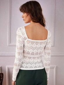 SHEIN 雞心領口木耳邊蕾絲上衣 - 白色 - 查看 2