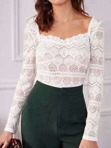 SHEIN 雞心領口木耳邊蕾絲上衣 - 白色 - 查看 3