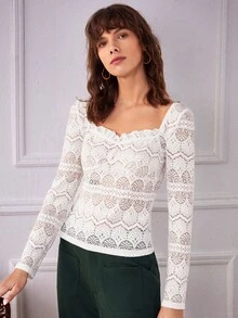 SHEIN 雞心領口木耳邊蕾絲上衣 - 白色 - 查看 5