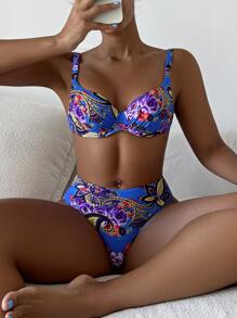 全身印花聚拢比基尼套装，适合夏季海滩度假 - 寶藍色 - 查看 1