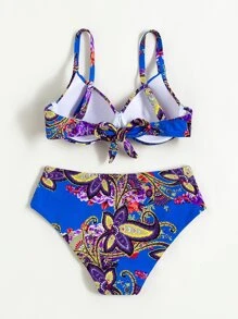 全身印花聚拢比基尼套装，适合夏季海滩度假 - 寶藍色 - 查看 2