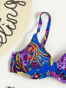全身印花聚拢比基尼套装，适合夏季海滩度假 - 寶藍色 - 查看 3