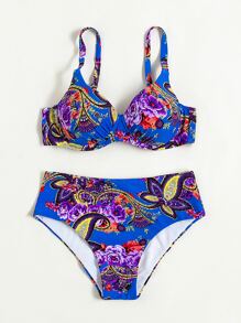 全身印花聚拢比基尼套装，适合夏季海滩度假 - 寶藍色 - 查看 5