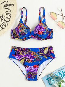 全身印花聚拢比基尼套装，适合夏季海滩度假 - 寶藍色 - 查看 6