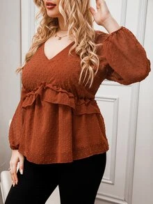 Áo sơ mi Plus Size Viên lá sen màu trơn Giải trí - Rỉ Nâu - Xem 4