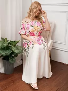 SHEIN Clasi Plus Floral Print Frill Trim Off Shoulder Dress
