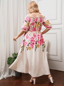 SHEIN Clasi Plus Floral Print Frill Trim Off Shoulder Dress