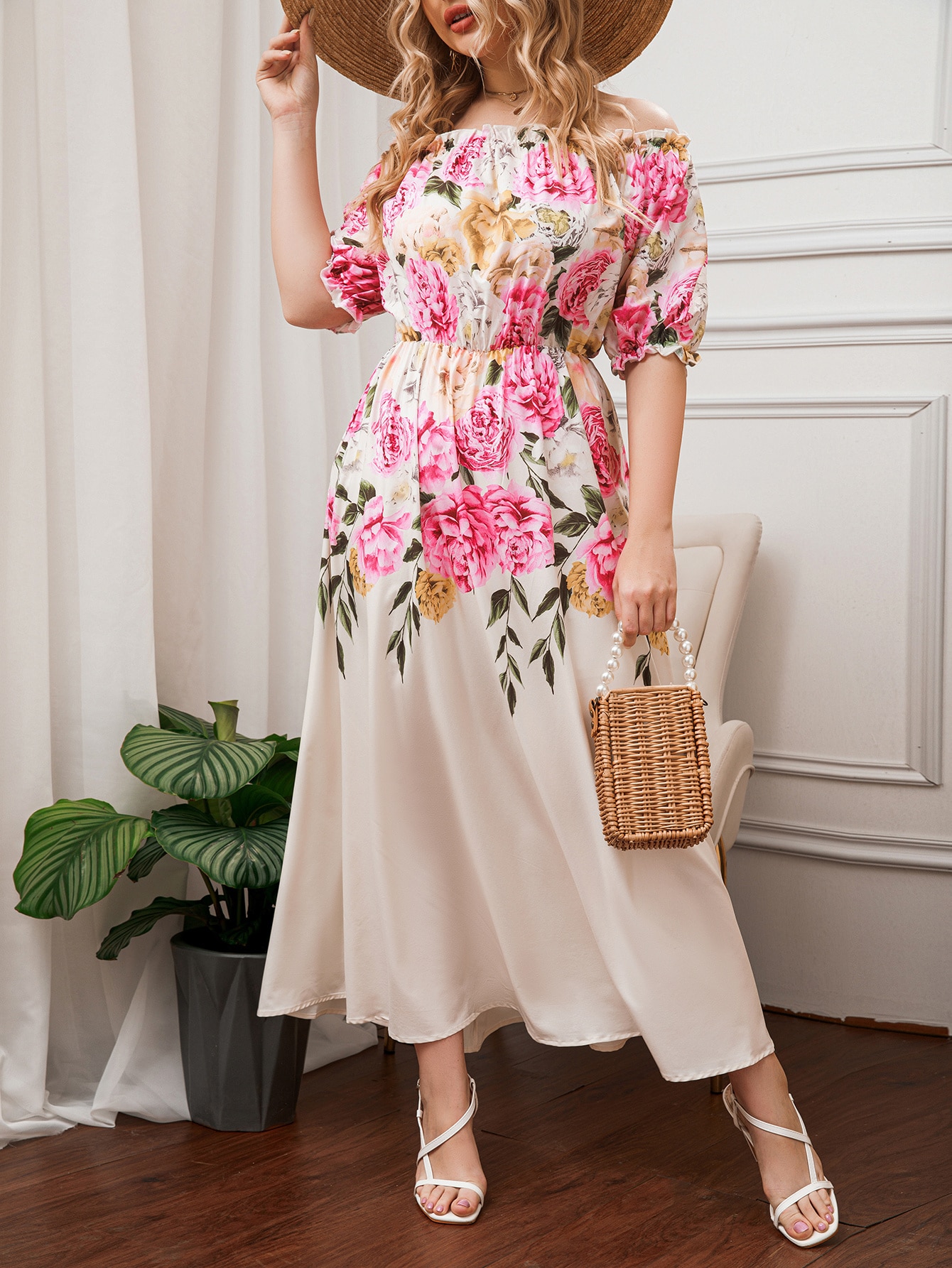 Plus Floral Print Frill Trim Off Shoulder Dress | SHEIN USA