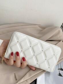 Quilted Embossed Studded Detail Slim Portable Cash White-Collar Workers For Female College Work Business Commute Office For Anniversary For Couple For Birthday Gift On Valentine Day Gift Gift For Women Wallet Purse Wallet Long Wallet