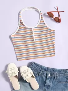 SHEIN Teen Girls Halter Neck Button Striped Print Top - Multicolor - View 1