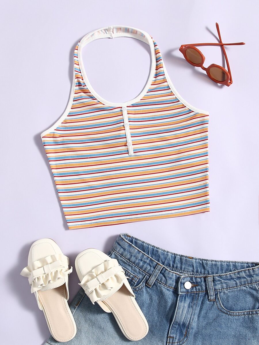 SHEIN Teen Girls Halter Neck Button Striped Print Top - Multicolor - View 1