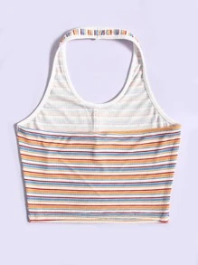 SHEIN Teen Girls Halter Neck Button Striped Print Top - Multicolor - View 2