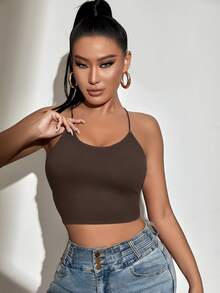 SHEIN SXY Backless Lace Up Crop Cami Top - Chocolate Brown - View 2