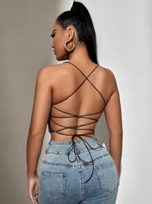 SHEIN SXY Backless Lace Up Crop Cami Top - Chocolate Brown - View 1