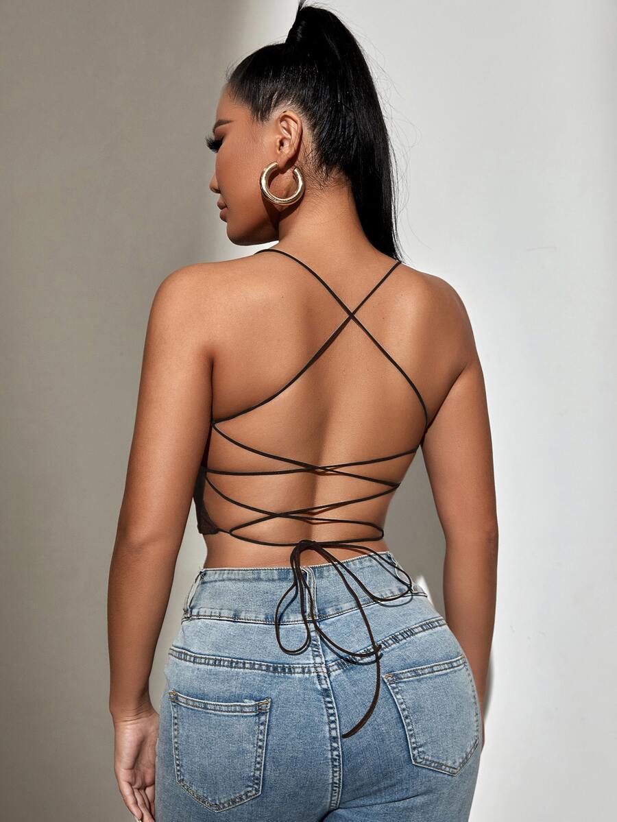 SHEIN SXY Backless Lace Up Crop Cami Top - Chocolate Brown - View 1