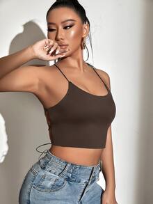SHEIN SXY Backless Lace Up Crop Cami Top - Chocolate Brown - View 6