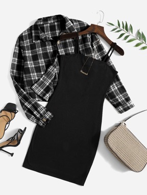 SHEIN Unity 格紋夾克和吊帶洋裝