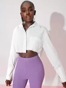 SHEIN Essnce Pocket Front Raw Hem Crop Shirt - White - View 1