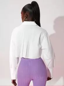 SHEIN Essnce Pocket Front Raw Hem Crop Shirt - White - View 2