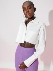 SHEIN Essnce Pocket Front Raw Hem Crop Shirt - White - View 4