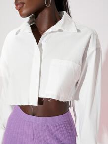 SHEIN Essnce Pocket Front Raw Hem Crop Shirt - White - View 5
