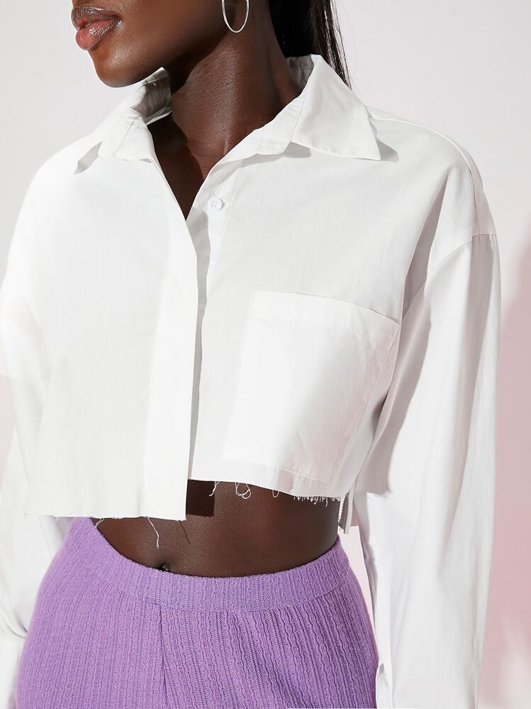 SHEIN Essnce Pocket Front Raw Hem Crop Shirt - White - View 5