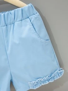 SHEIN Young Girl Floral Print Ruffle Sleeve Bow Tee & Frilled Shorts - Blue and White - View 3