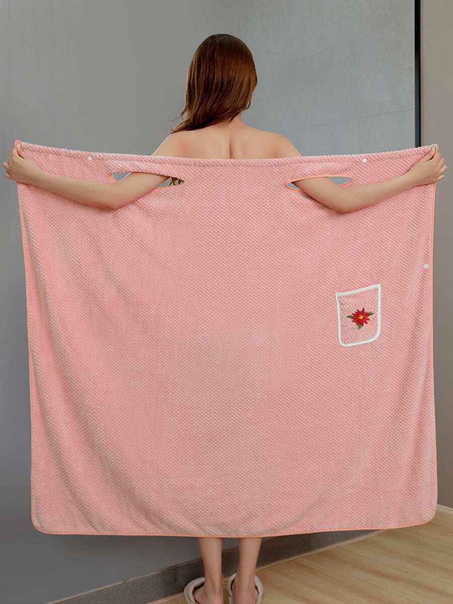 Embroidery Flower Bath Wrap Towel - Pink - View 1