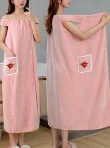 Embroidery Flower Bath Wrap Towel - Pink - View 2