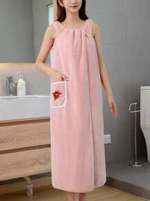 Embroidery Flower Bath Wrap Towel - Pink - View 4