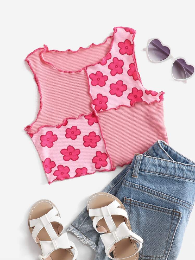 SHEIN Boho Kleurblok Bloemen Meisjes tank tops en camis Plooiingen Geplisseerde - Roze - Bekijken 1