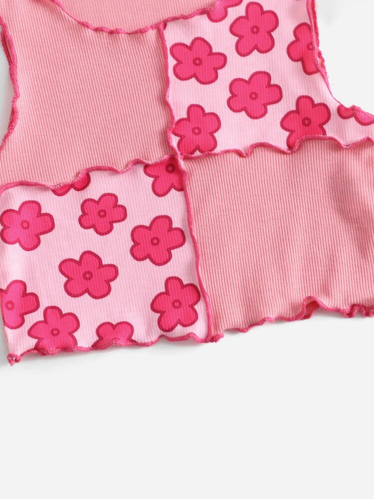 SHEIN Boho Kleurblok Bloemen Meisjes tank tops en camis Plooiingen Geplisseerde - Roze - Bekijken 3