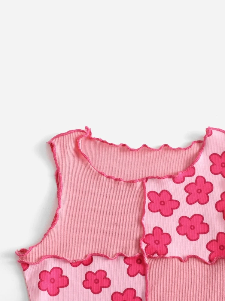 SHEIN Boho Kleurblok Bloemen Meisjes tank tops en camis Plooiingen Geplisseerde - Roze - Bekijken 4