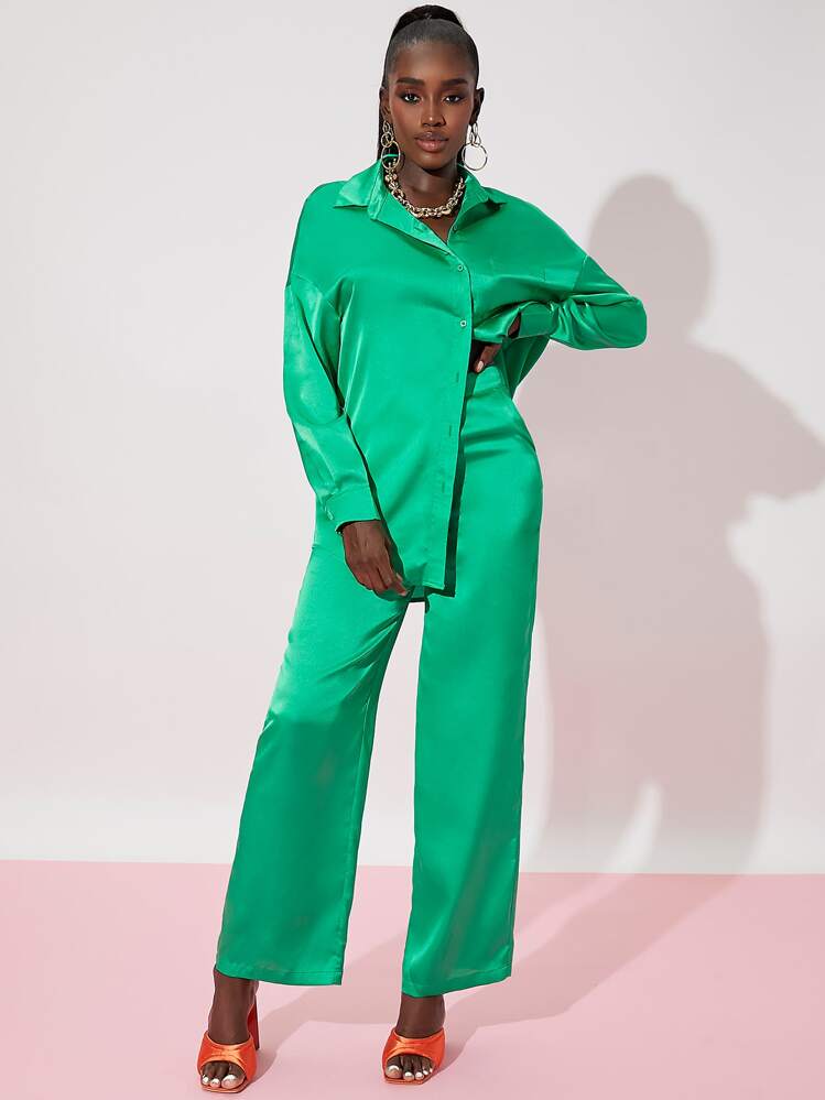 SHEIN con botón de satén Camisa con pantalones Conjunto - Verde - Añade 1