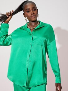 SHEIN Button Through Satin Shirt & Trousers Set - Green - View 3