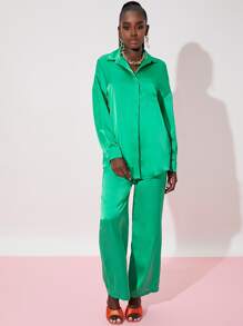 SHEIN Button Through Satin Shirt & Trousers Set - Green - View 4