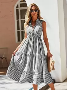 SHEIN Holidaya Striped Print Notched Neck A-line Dress - Multicolor - View 1